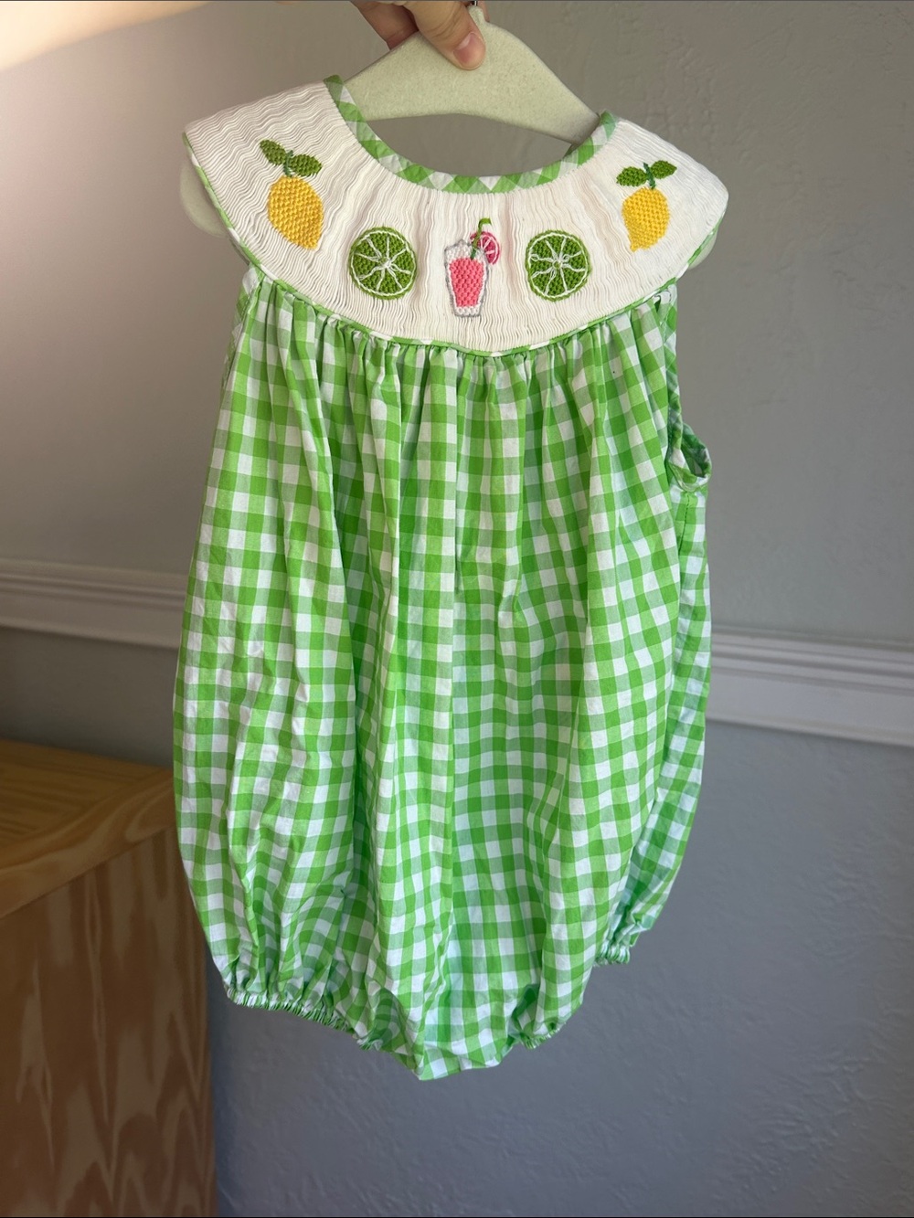 Green Gingham Baby Smocked Bubble with lemonade Embroidered
